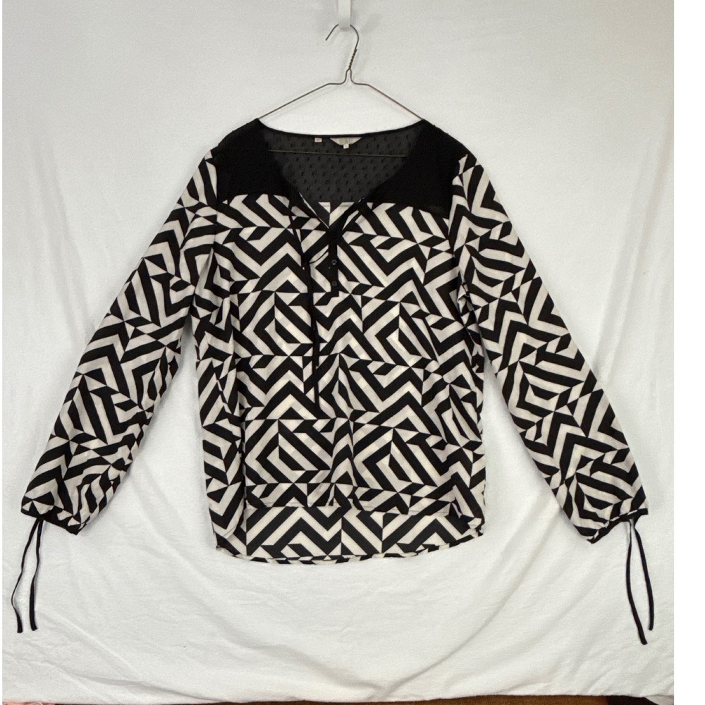 Guess Black & White Geometric Print Long Sleeve Blouse Top - Size‎ L
